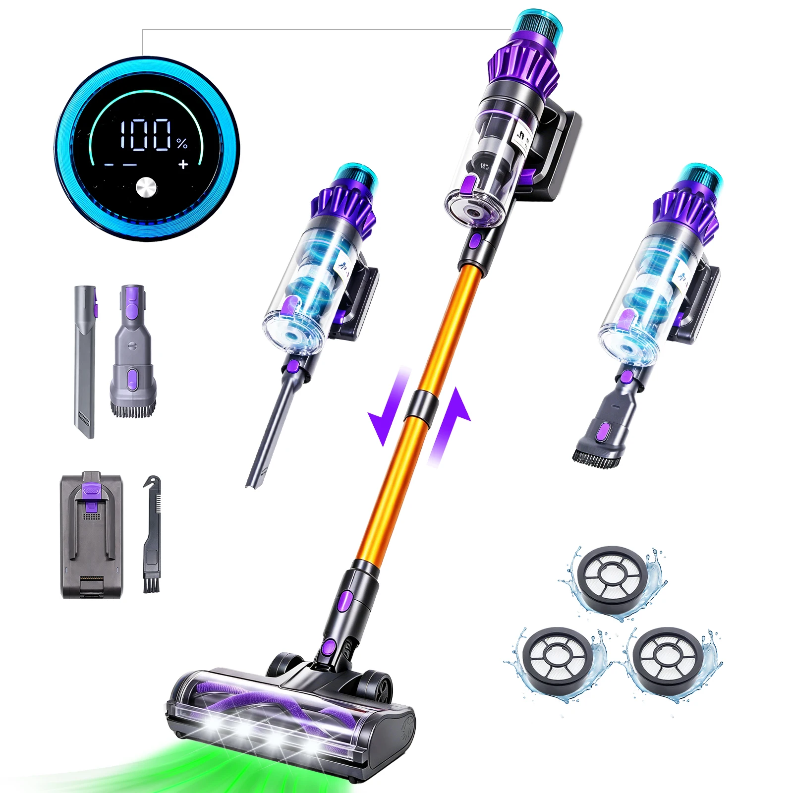 V16 500W 75Kpa Kabelloser Staubsauger mit Touchscreen, Auto-Modus, Infrarot-Staubsensor, 6-stufiger HEPA-Filtration, 60min Akkulaufzeit, abnehmbarer Batterie, LED-Display für Hartböden, Teppiche und