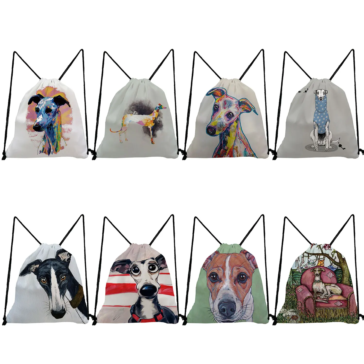 Personalized Oil Painting Greyhound Dog Print Backpacks for Students Designers Durable Drawstring Pocket Travel Unisex Shoes Bag