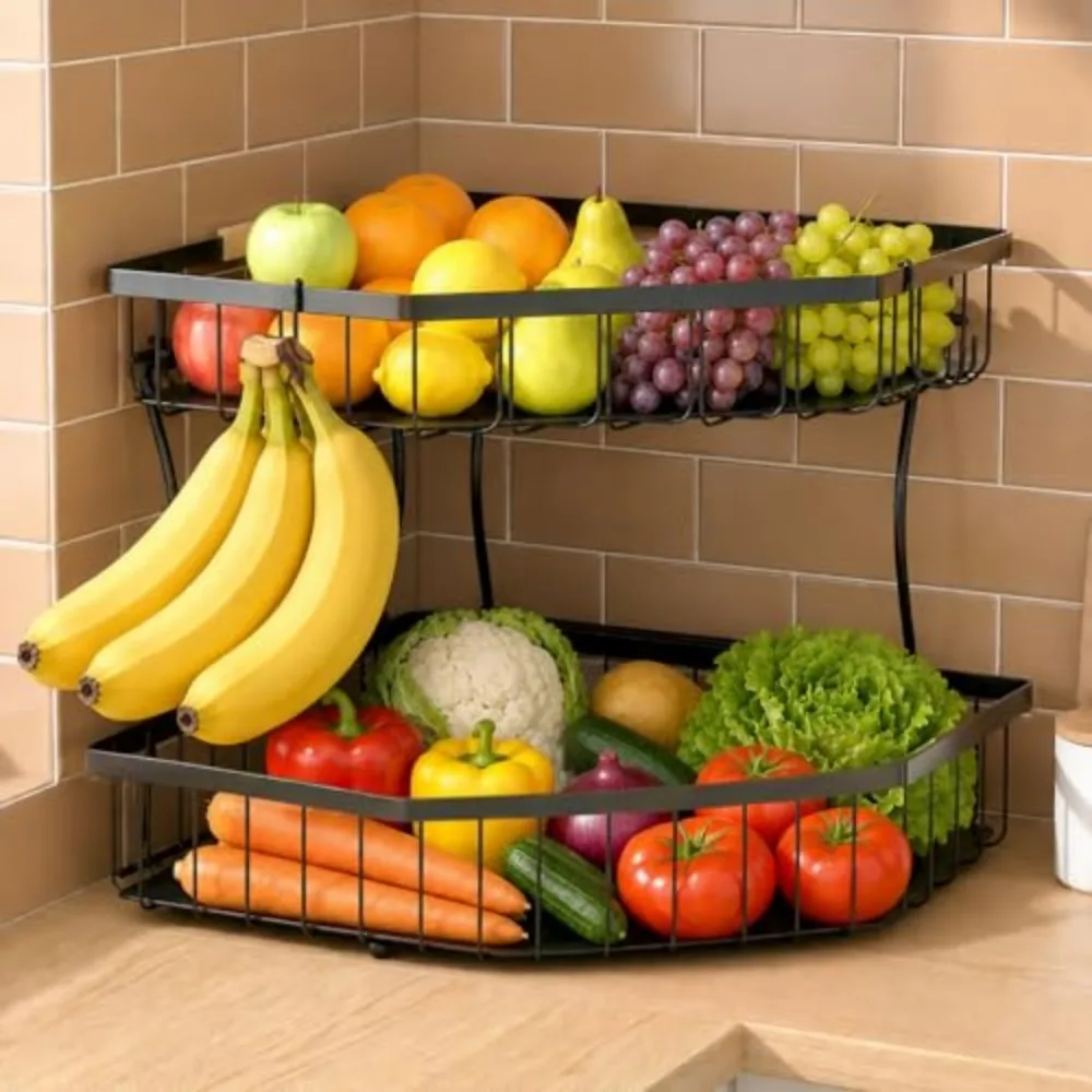 2 Tier Fruit Basket for Kitchen Counter with Banana Hangers Corner Storage Organizer for Vegetables And Snacks