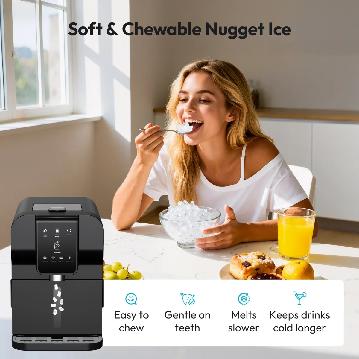 EKOJUCE Nugget Ice Maker with Water Dispenser, Produces 30LBS of Soft Chewable Ice Per Day, One-Touch Automatic Ice Dispensing, Self-Cleaning Countertop Design, 11.1-Inch Compact Portable Ice Machine for Home & Office, Black