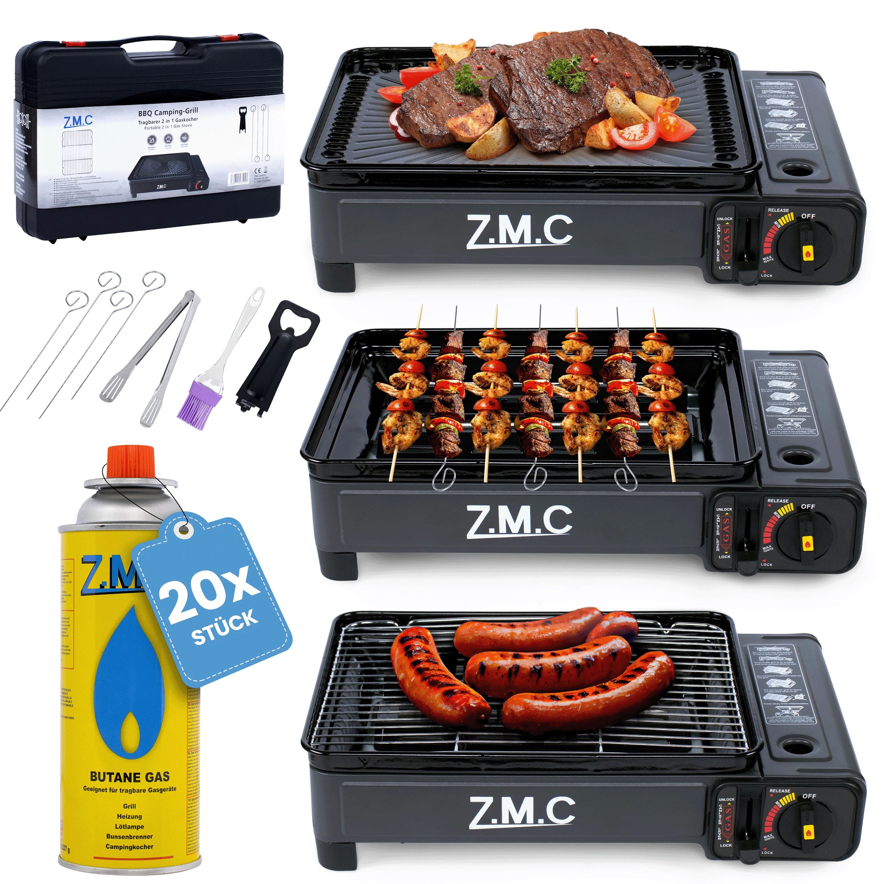 2-in-1 campingkachel & gasgrill 2,2 kW inclusief 20x227g gaspatronen | Piezo-ontsteking, LPG-aansluiting, grillaccessoires & koffer – Draagbaar & compact voor kamperen & buitengebruik