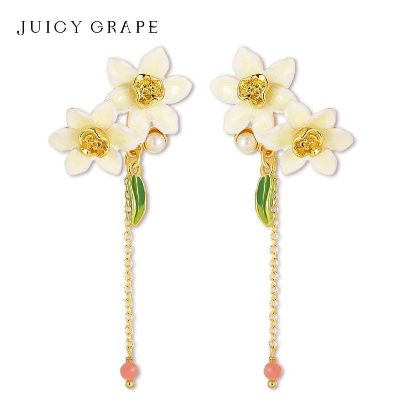 

Juicy Grape Daffodil Tassels Earrings for Women Handmake Enamel Flower Asymmetrical Earrings Birthday Party Jewelry