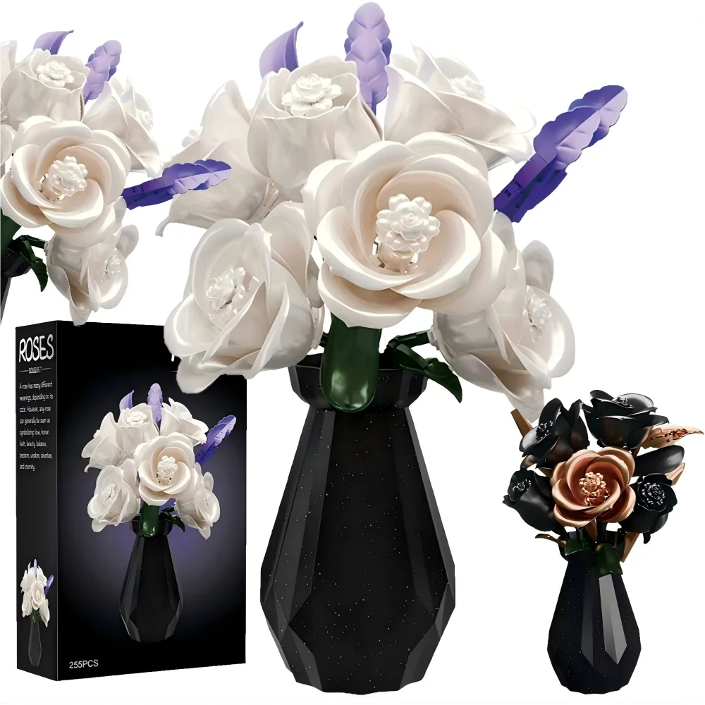 

255PCS City Romantic Preserved Flower Building Blocks MOC Desktop Decorations Black White Roses Model Bricks Kids Toys Girl Gift