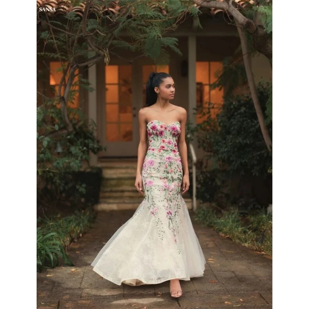 

Sansa Customized Mermaid Ivory Floral Embroidery Sleeveless Prom Dress Sweetheart Neck Vestidos De Noche Floor-Length Evening