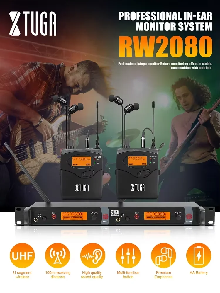 XTUGA RW2080 Professional Wireless Metal In-ear Monitor Wireless System Single Channel Multi Transmitter for Stage Microfone