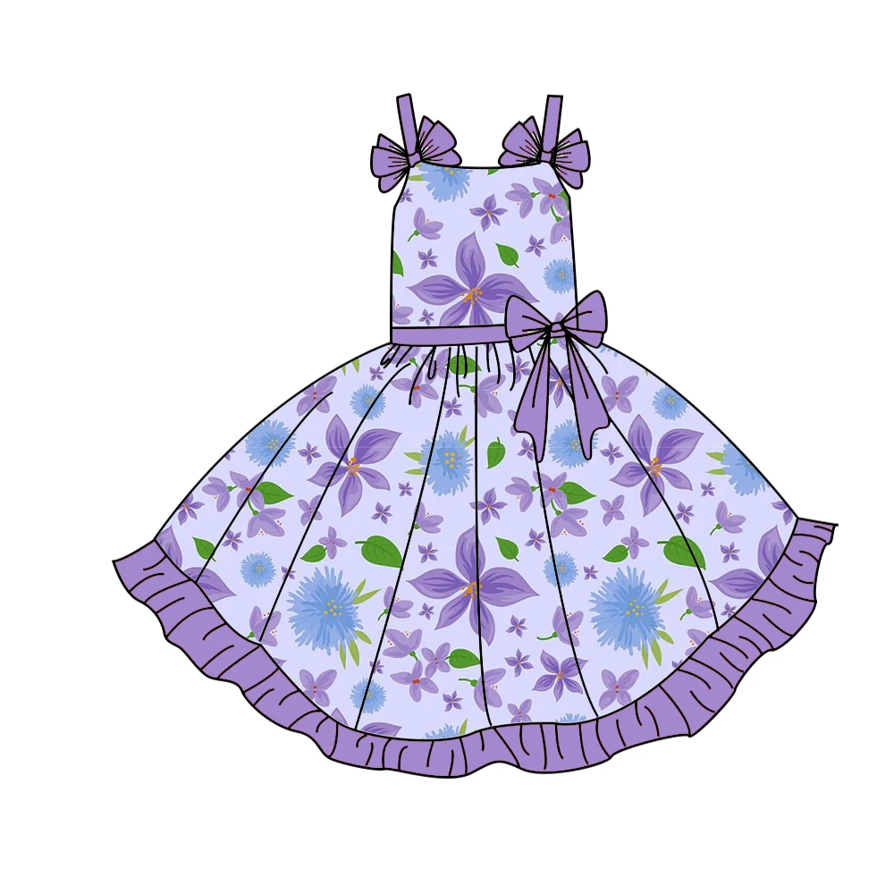 Boutique Girls' Dress Strappy Bow Decoration Hemline Ruffles Featuring Flower Print Kids' Everyday Outfits wholesale