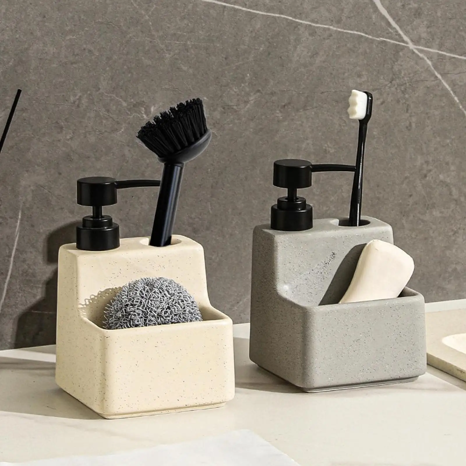 

2 in 1 Soap Dispenser Sponge Holder Portable Modern Refillable Dish Soap Dispenser for Countertop Washroom Kitchen Sink Decor