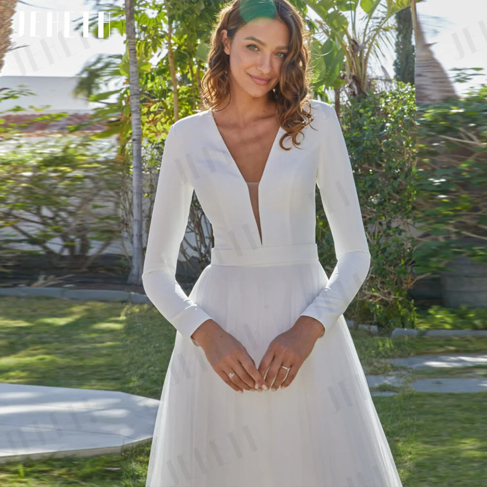 Guitar Hcondamned-Robes de mariée en satin élastique à col en V pour femmes, robes de mariée simples, robe A-Line, manches longues élégantes, patients, quel que soit le tulle Une élégante robe de mariage féminine robe