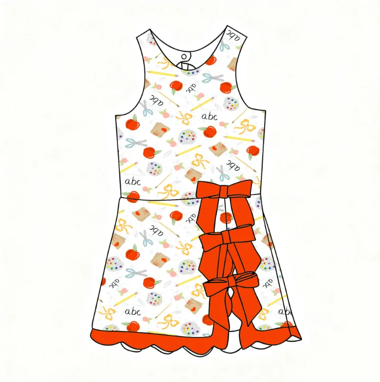 Boutique children's dresses round neck sleeveless sets back ripped details buttons bow decorations safety shorts back to school