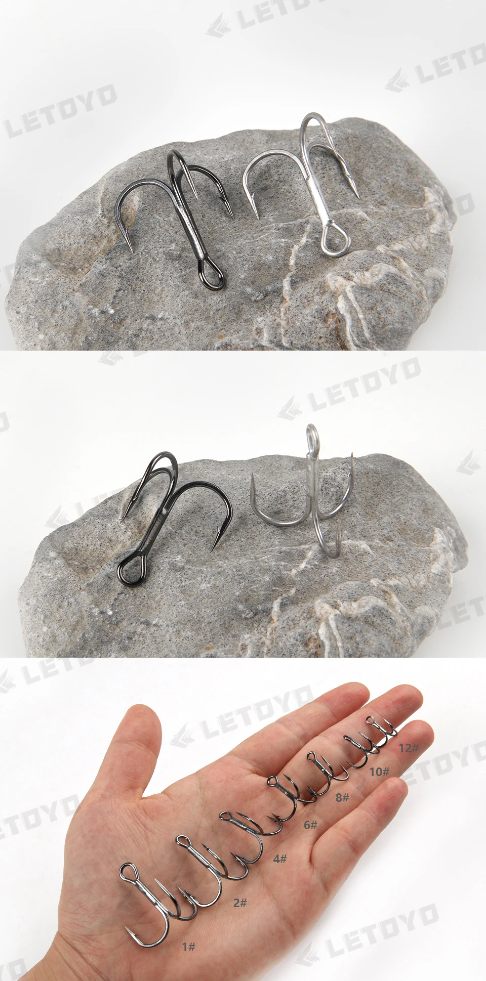 LETOYO High Carbon Stell Triple Hooks schwarz knittert oder matte Zinn Hard Lure Angelhaken für Hechtbarsch Meeresangelzubehör – Detail 10