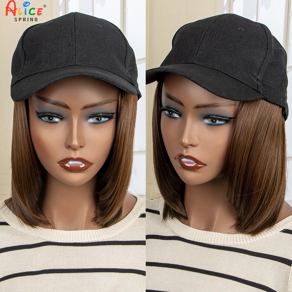 

8 inches Synthetic Baseball Cap Wig with Short Bob Straight Hair Wigs with Cap for Afro Black Women Daily Wear Black Hat Wig