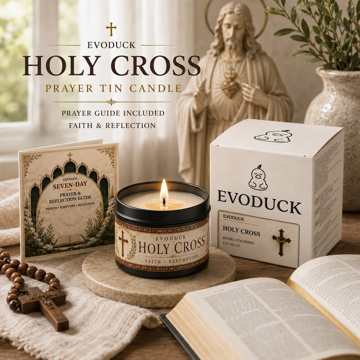 Cross Prayer Candle in Tin with Prayer Guide, Christian Religious Gift for Baptism Confirmation First Communion, Faith Gift Box