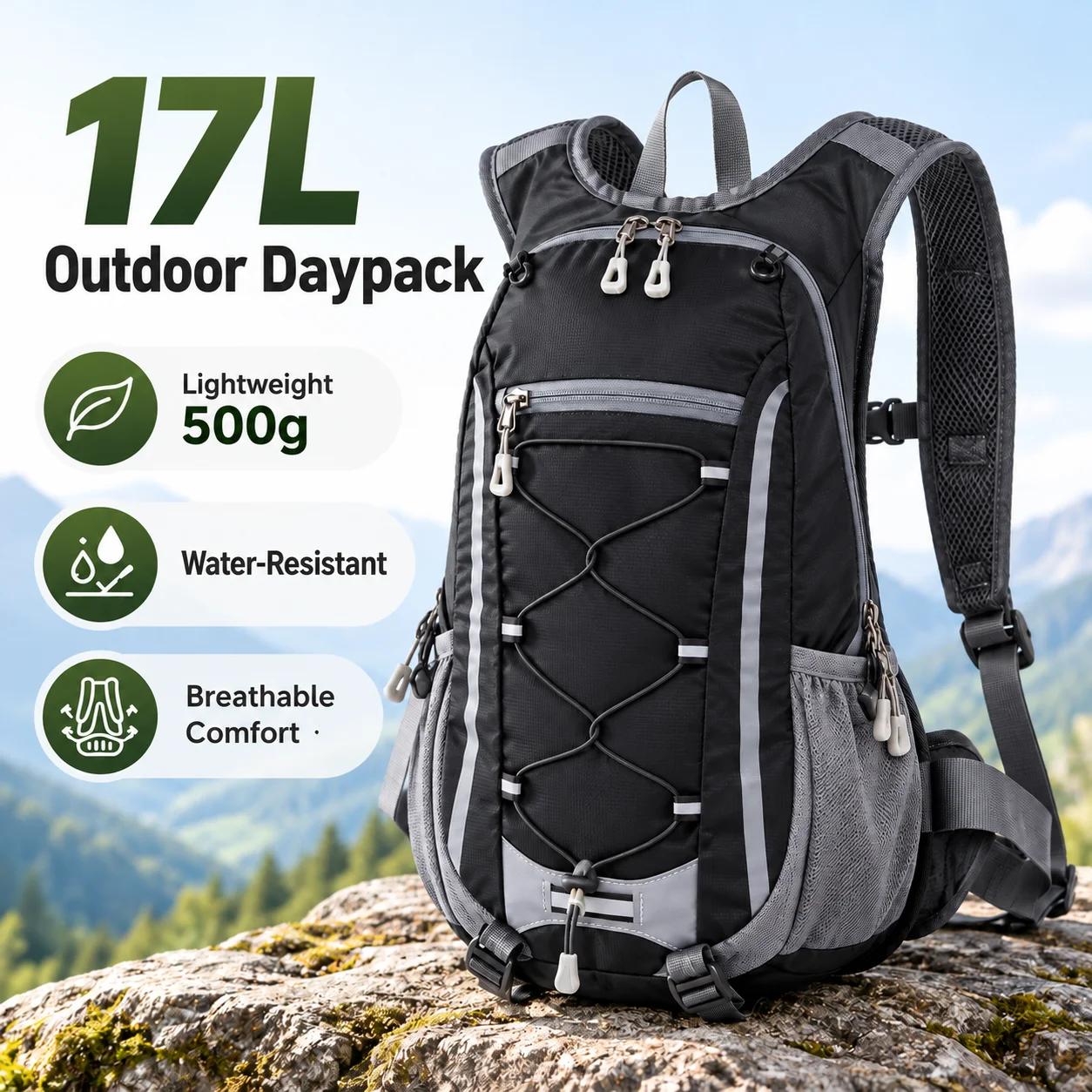 17L Lightweight Hiking Backpack Water Resistant Cycling Daypack with Breathable Mesh Straps and Reflective Strips for Travel
