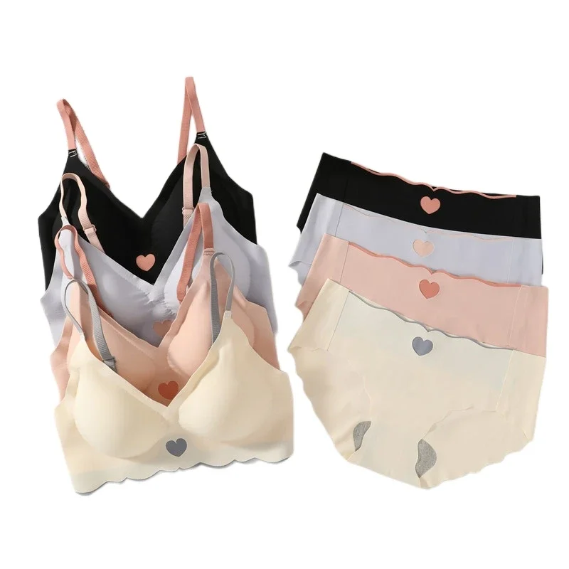 Nahtloses BH-Set Frauen drahtlose BHs sexy Dessous Set tiefe V-Tops weiche Slips Frauen bequeme