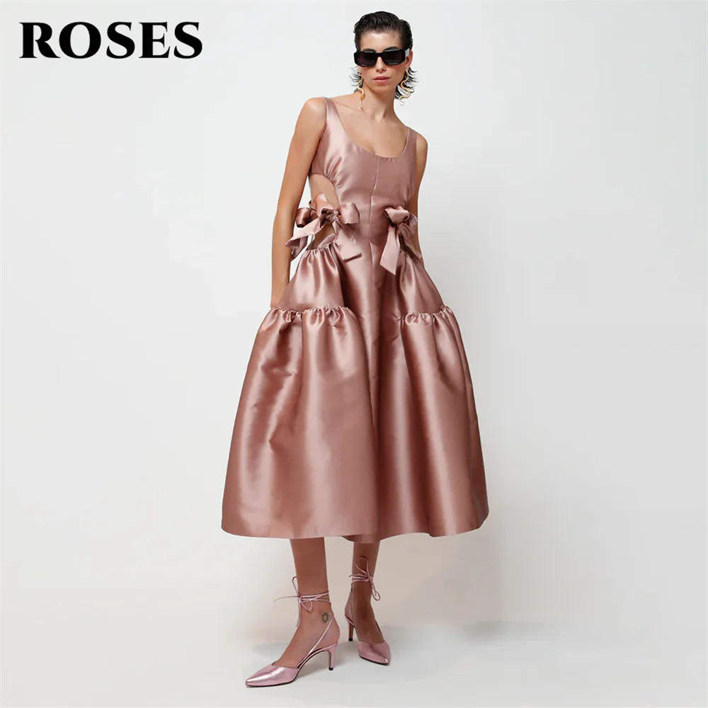 

ROSES Pink Blush Stain Prom Dress Tank O Neck Short Party Dresses with Bow Celebrity Gowns Pleat Wedding Party Dress Customized