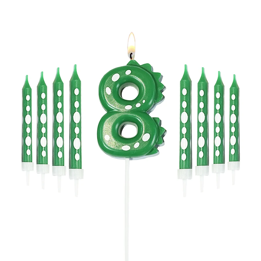 Green Dinosaur Numbers 0-9 + 8 PCS Green Candles Happy Birthday Cake Candle Children Prince Party Cartoon Dinosaur Decoration