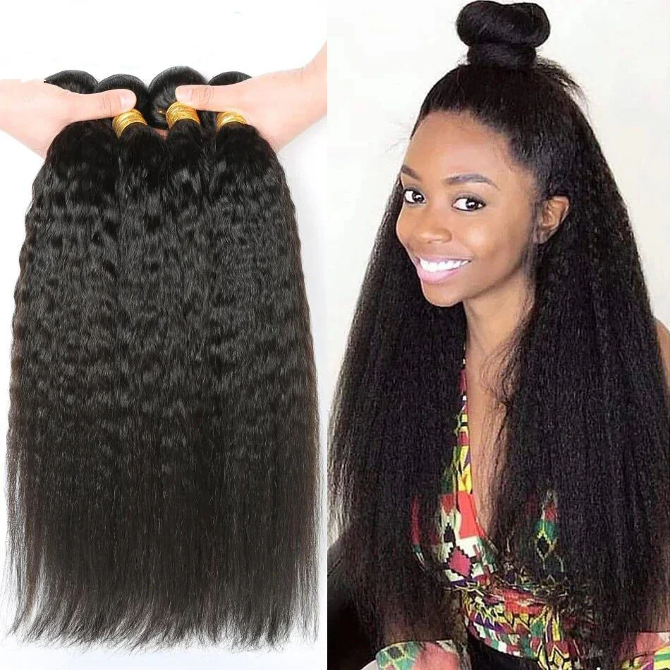 Tissage en lot péruvien naturel Remy crépu lisse, Extensions de cheveux vierges, 28 à 30 pouces, trame Yaki grossière, lots de 3, 4