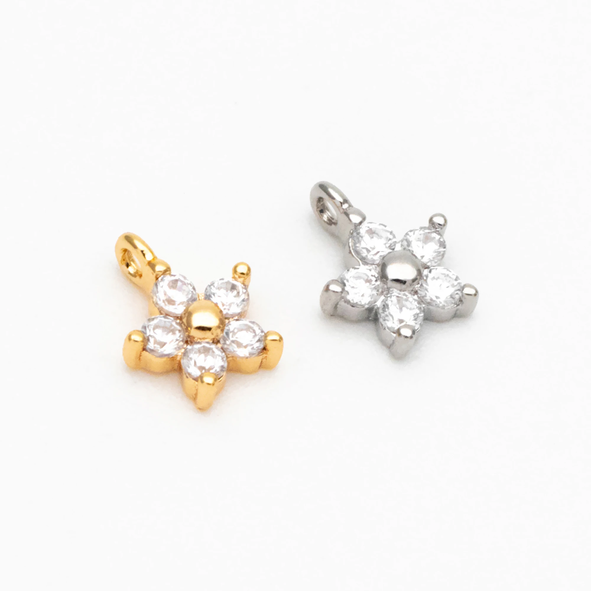 10pcs CZ Paved Flower Charm Pendants 6.5mm, Real Gold Plated Brass, Tarnish Resistant (GB-371)