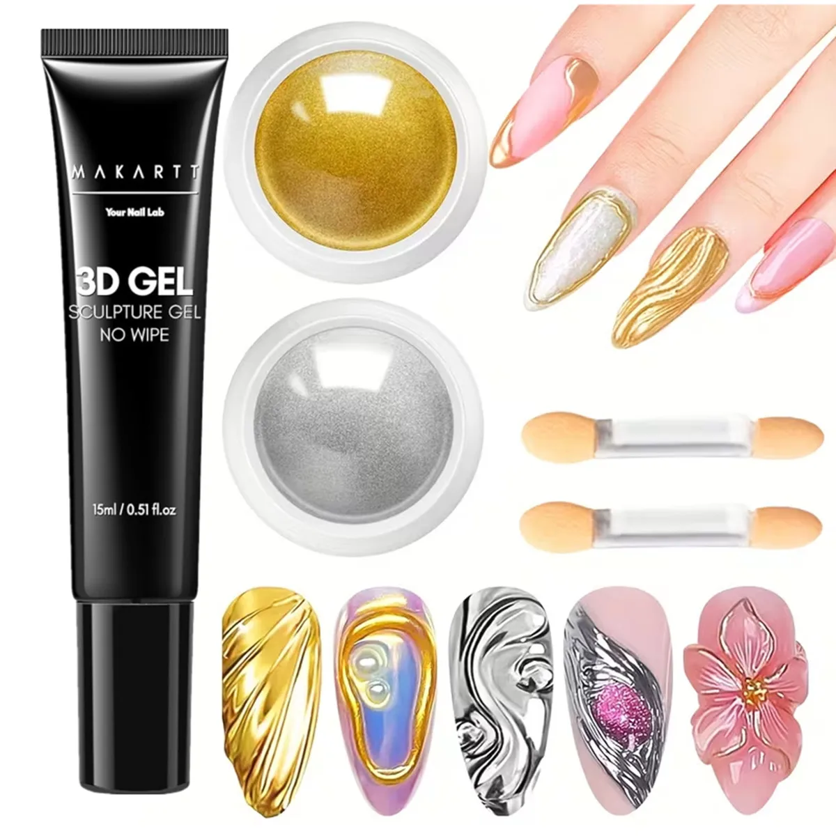 

Makartt 3D гель для ногтей и набор хромированной пудры для ногтей, 15 г скульптурный гель для дизайна ногтей DIY без протирания 3D-литье для украшения геля