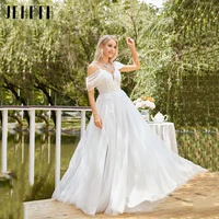 JEHETH-Vestidos De Novia De encaje De tul con cuello en V, Espalda descubierta, tirantes finos, Vestidos De Novia elegantes sin hombros, línea A Vestido de novia con encaje de TUL y cuello V con fideos al descubierto v