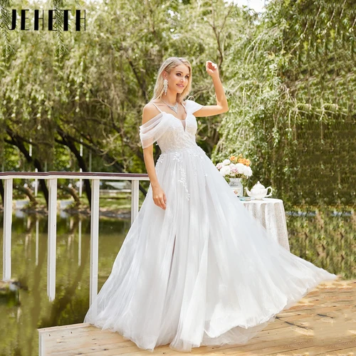 Imagen 1 del producto JEHETH-Vestidos De Novia De encaje De tul con cuello en V, Espalda descubierta, tirantes finos, Vestidos De Novia elegantes sin hombros, línea A Vestido de novia con encaje de TUL y cuello V con fideos al descubierto v