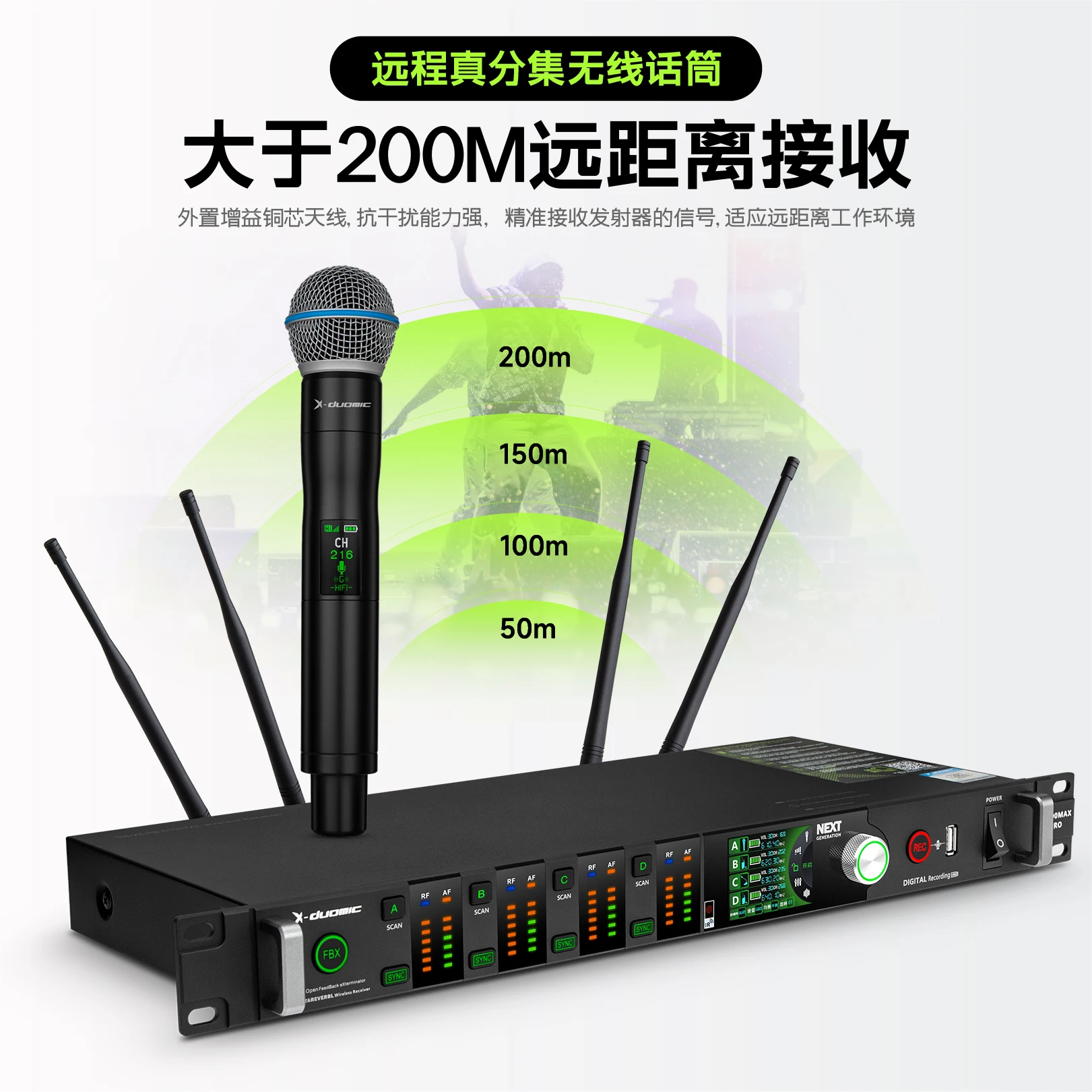 X-DUOMIC M300PRO verdadeira diversidade um a quatro microfone sem fio desempenho de palco profissional reverberação balanceada anti-howling