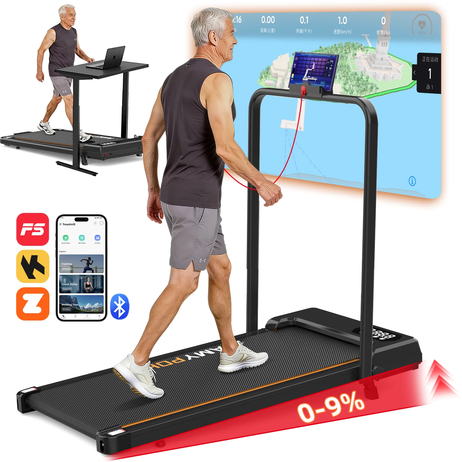RAMYPOKET Tapis de course inclinaison 9%  APP 1-10KM/H  silencieux compatible  150 kg tapis de marche pliable pour Maison & Bureau