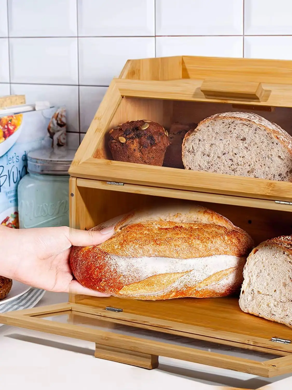 Brotkasten Bambus mit Sichtfenster und Belüftung, Große 2 Etagen Brotbox 39 × 25 × 32 cm, Holz Brotbehälter für Brot Brötchen Croissants Küche