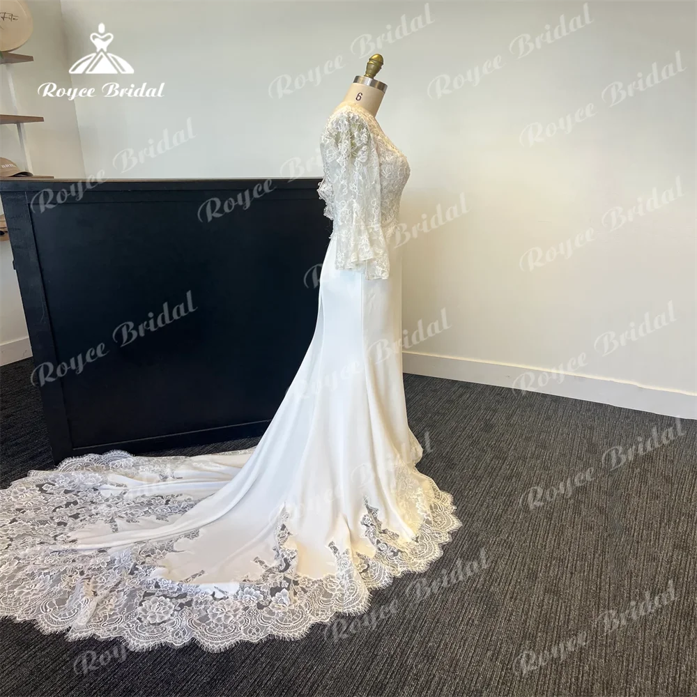 Свадебные платья цвета слоновой кости Roycebridal, кружевное платье с V-образным вырезом, аппликацией, длинными рукавами, бисером, пуговицами на спине, длиной в Пол