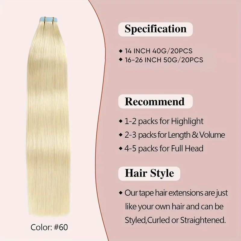 Fita em extensões de cabelo, Platinum Blonde Color 60 Cabelo Humano Remy Brasileiro, Fita no cabelo, Sem Costura Pu, 20 em, 50g, 20 Pcs