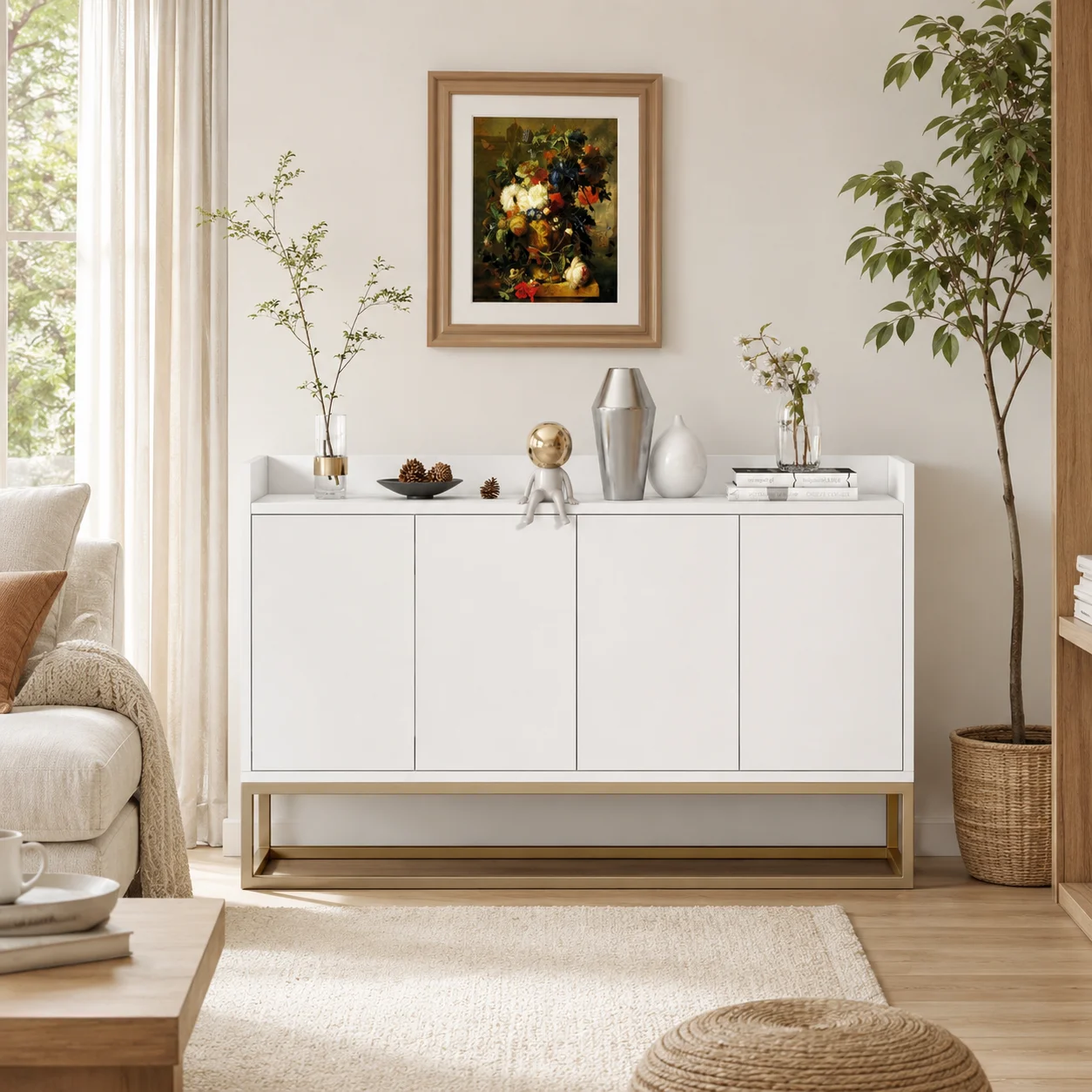 Viertüriges Sideboard mit Push-to-Open-Funktion, einfache grifflose Aufbewahrung, moderner weißer Stil, goldener Metallrahmen, verstellbare Regale und erhöhter Rückwand. Geeignet für Wohnzimmer,