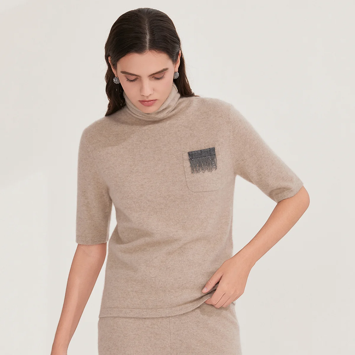 BY3521300 Women's Premium 100% Cashmere Knit Top High-End 12-Gauge Short Sleeve Turtleneck Sweater