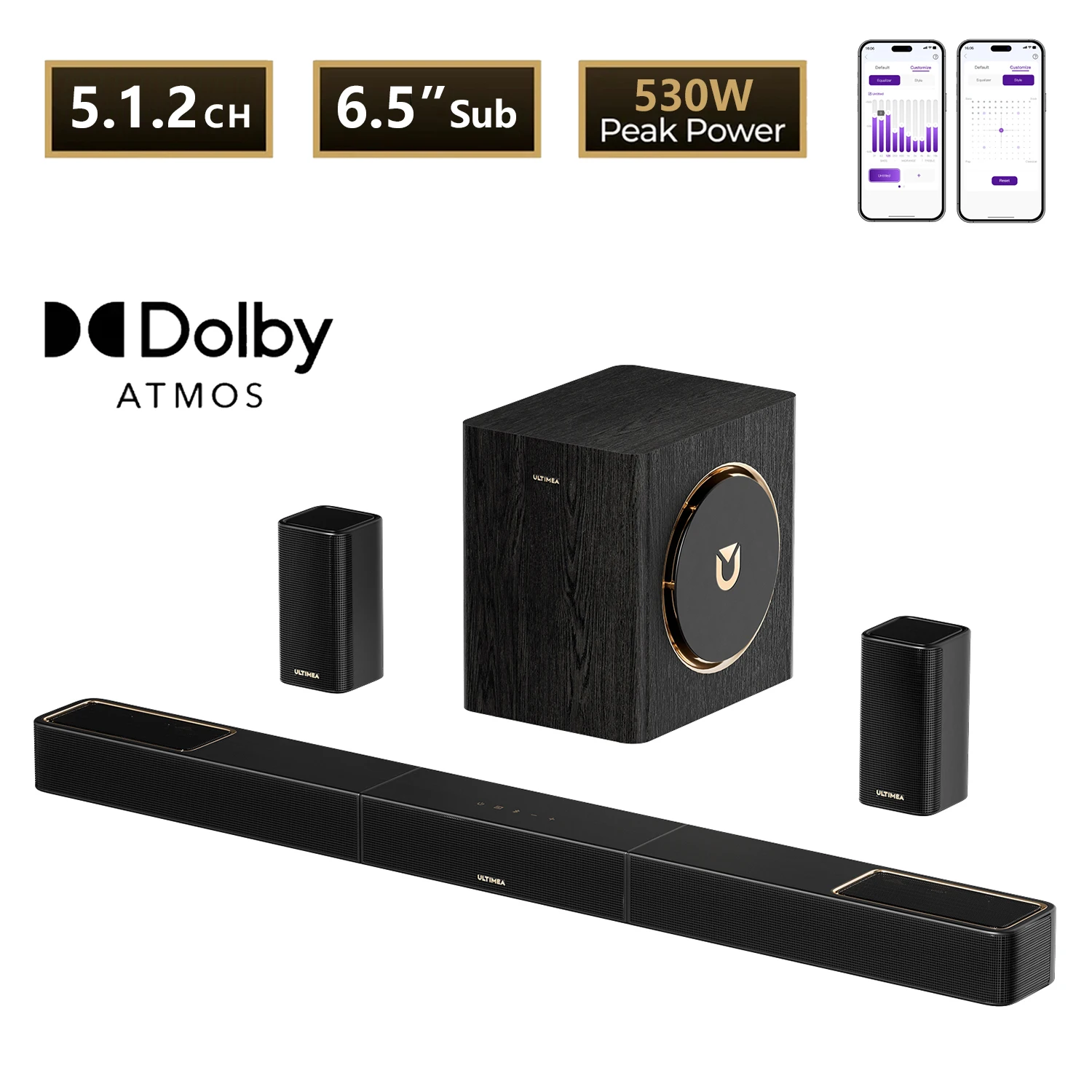 ULTIMEA Skywave Series 530W 5.1.2ch Soundbar met Dolby Atmos, Home Cinema Surround Sound Systeem met 6.5" draadloze subwoofer