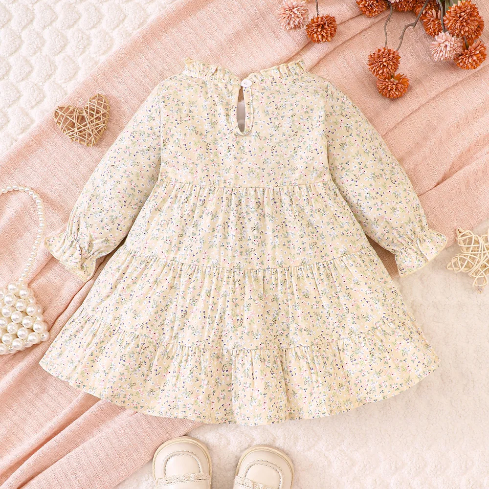 Baby Girl Tiered Dress Square Neck Long Sleeve Flower Pattern Infants Dolly Dress