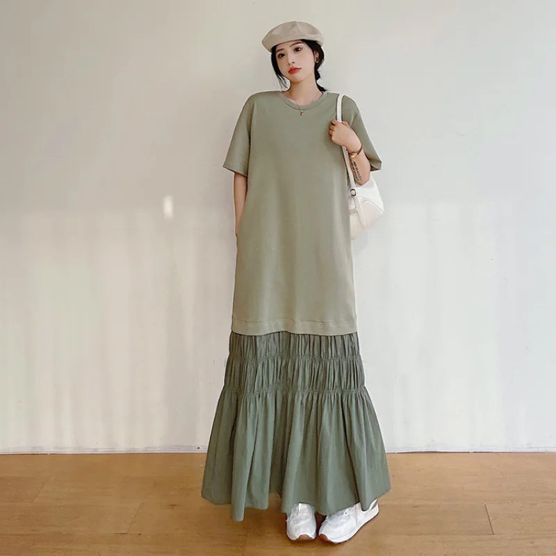 Summer Casual Extended Korea Woman Dress Vestidos Round Neck Robe Elbise Loose Plus Size Patchwork Hem Short Sleeve Long Dress