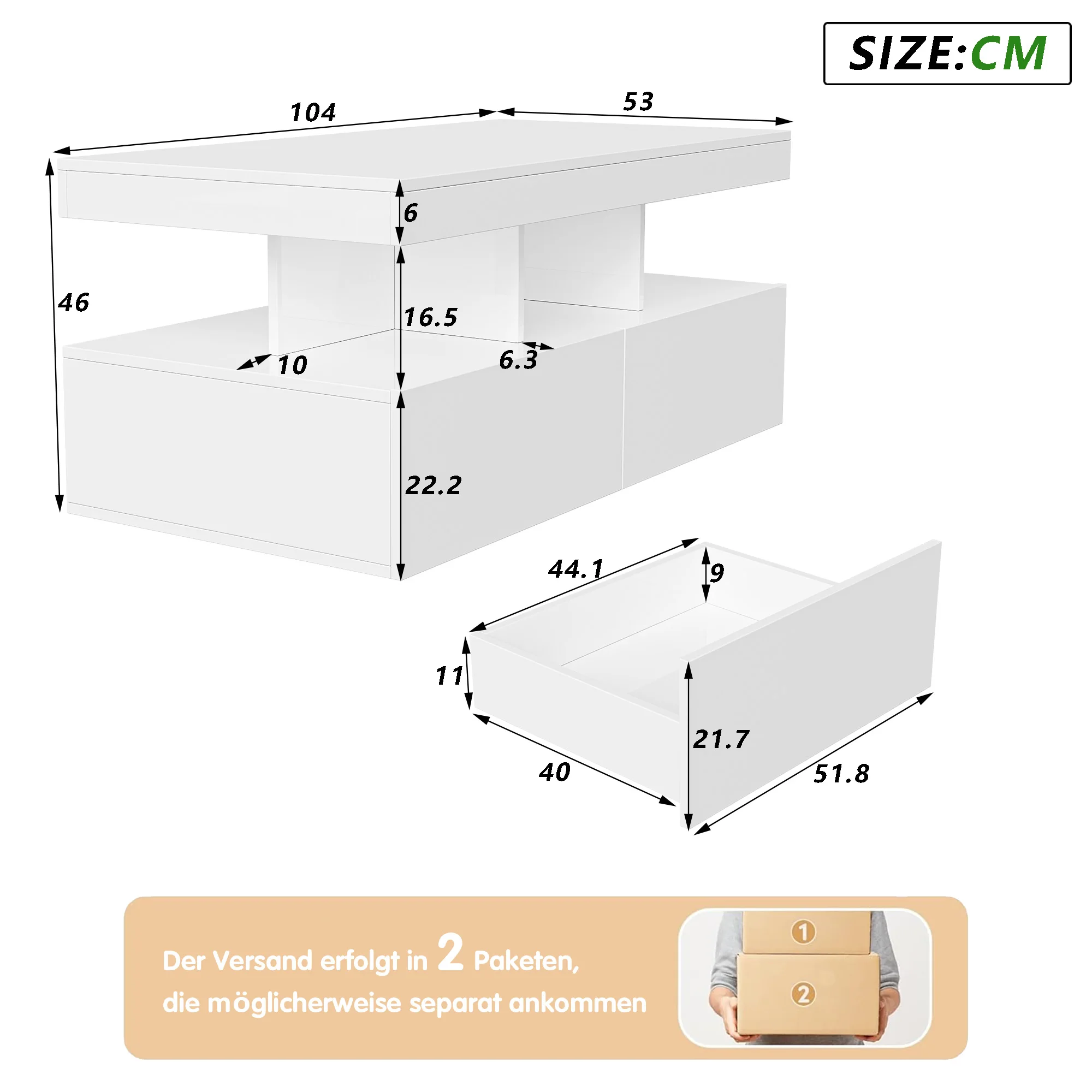 Anajqaqia Mesa de centro moderna de 104×53×46 cm, con iluminación LED, con 3 estantes y 2 cajones, mesa auxiliar cuadrada, para salón