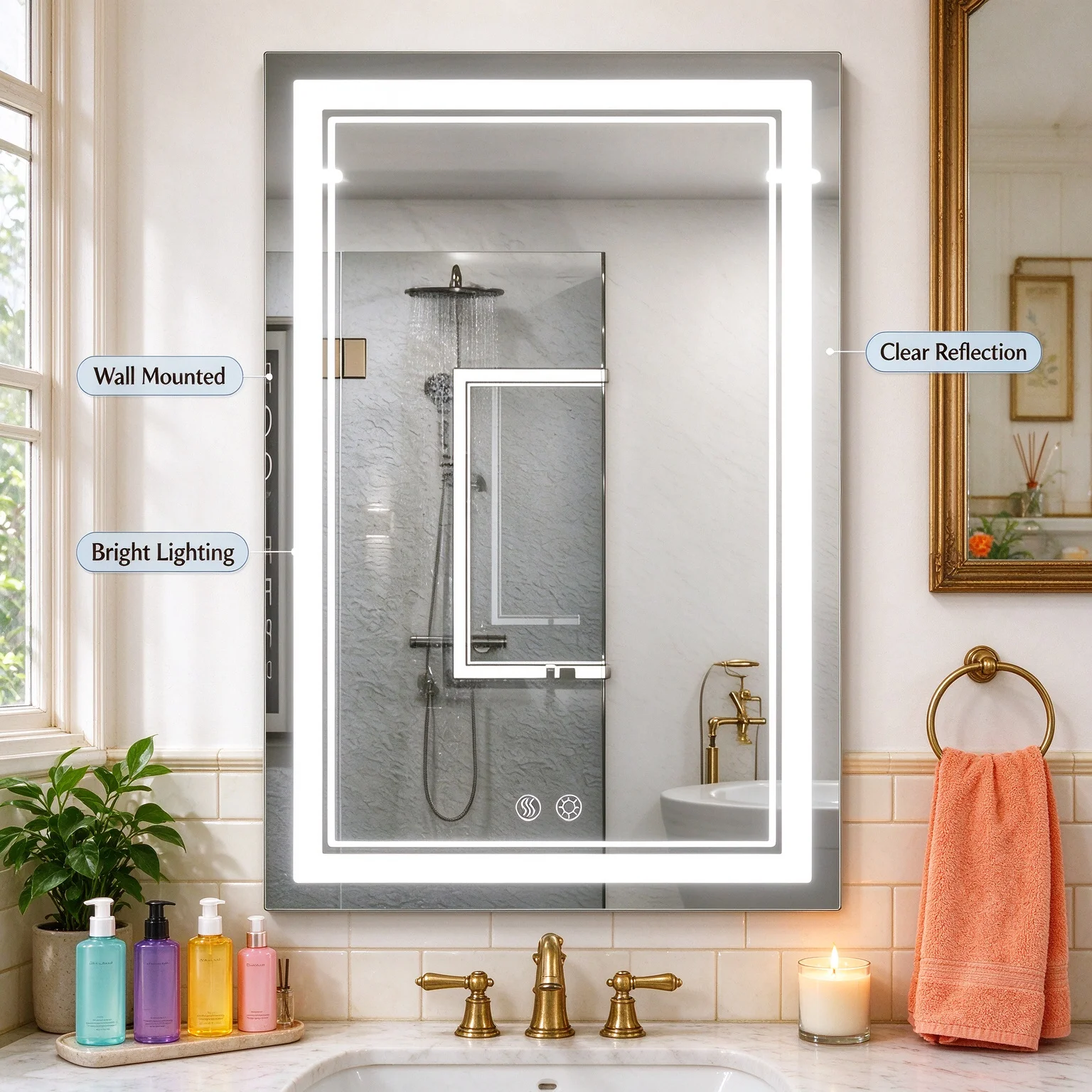 Wall Mounted Rectangular LED Bathroom Mirror Auto Anti Fog Long Press Touch Dimmable Light Smart Lighted Vanity Makeup Mirror For Bathroom Home Decor