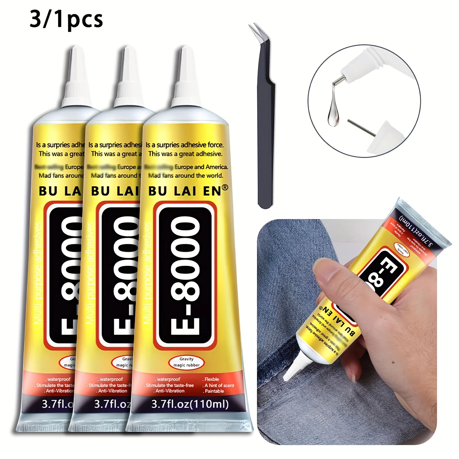 El adhesivo para tejidos B7000-E8000 es un adhesivo transparente lavable, adecuado para strass, parches, prendas de vestir y todo tipo de tejidos.