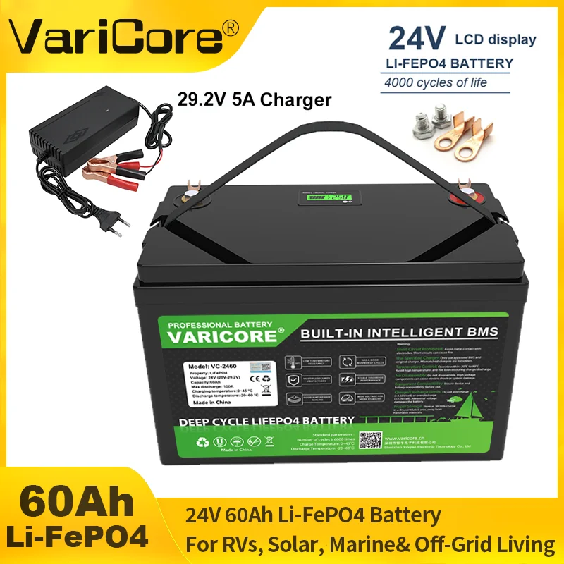 Batteria VariCore 24V 60Ah LiFePO4 1440Wh con display LCD, BMS 100A, oltre 4000 cicli per backup domestico solare, off-grid, disponibile in magazzino UE