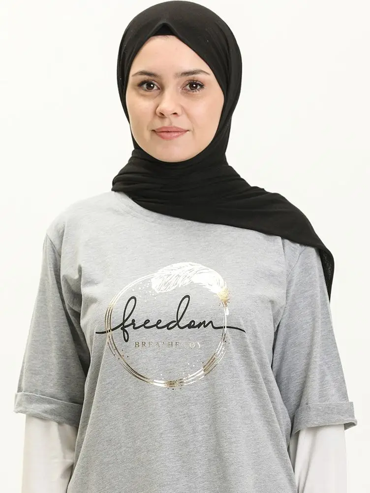 Freedom Printed Tshirt Plain Long Sleeve Cotton Sweatshirt The Second 40% Off Zero Collar Summer Muslim Women Sweatproof