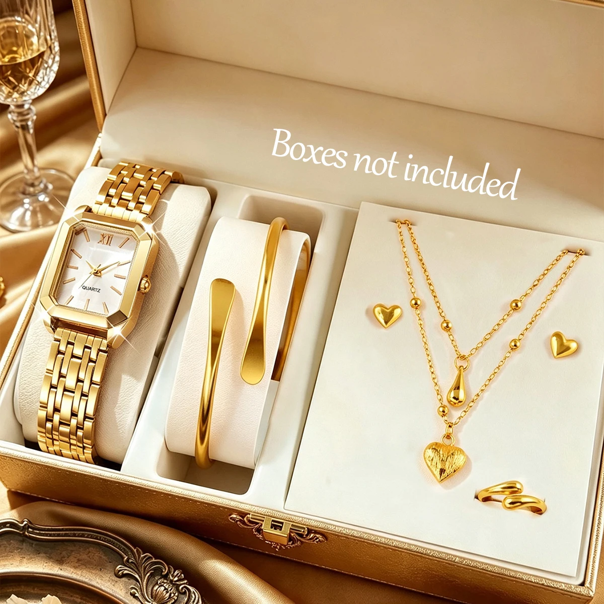 6-piece set, elegant and compact square quartz watch for women paired with a new bracelet, heart-shaped earrings, necklace, and ring set, exquisite accessories for banquets, gatherings, and parties, a wonderful gift for her on Halloween, Christmas, or Valentine's Day.