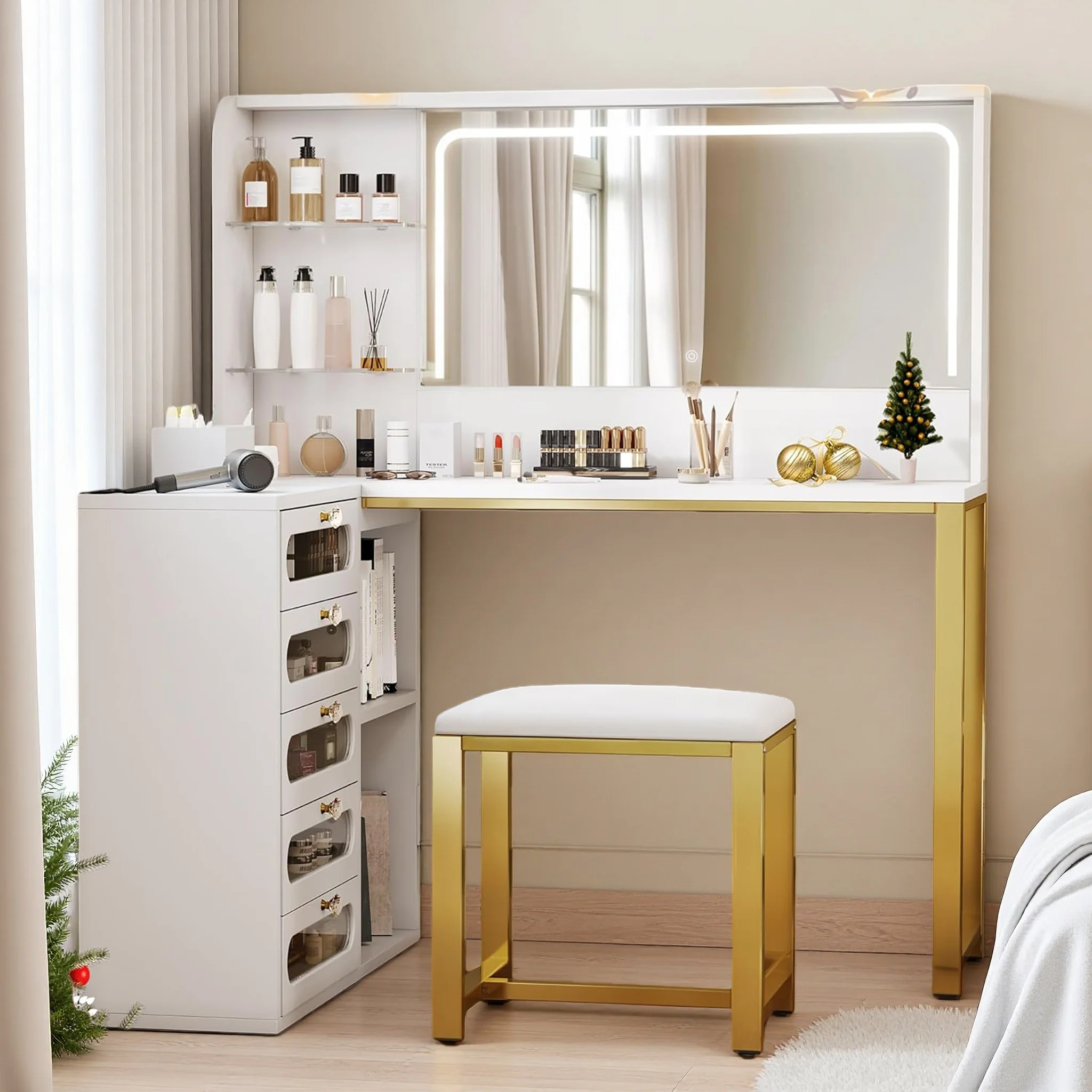 Comanlai, set composto da tavolo e sedia per il trucco, tavolo da toeletta con sgabello e 5 cassetti, tavolo da toeletta da donna, tavolo da toeletta compatto, set da toeletta da camera da letto,