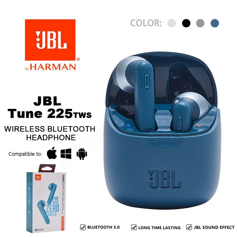 Original JBL Tune 225TWS True Wireless Bluetooth Earphones JBL T225 Stereo Earbuds Bass Sound Headphones Headset with Mic