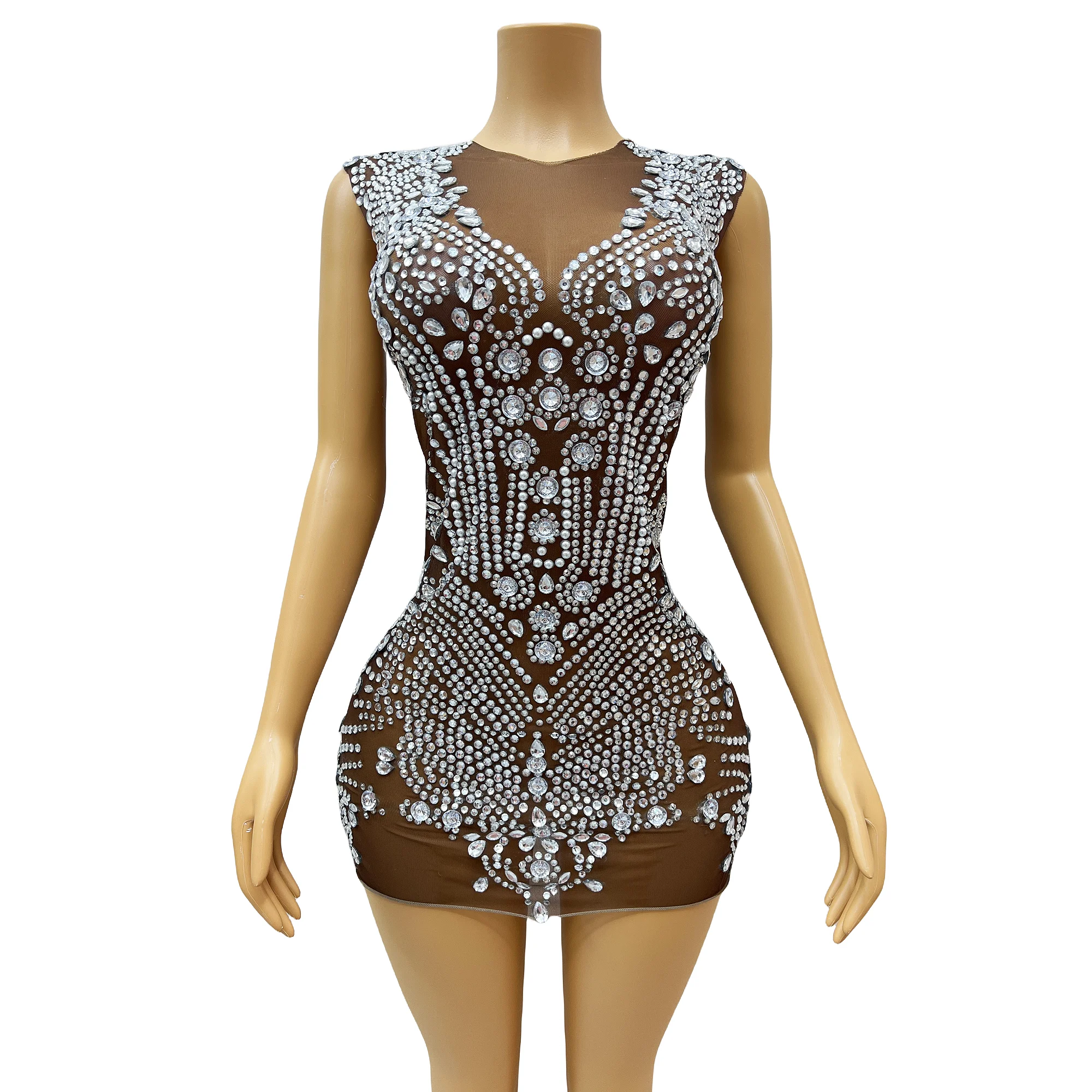 

Brown Mesh Silver Crystals Mini Dress Evening Party Celebrate Outfit Sexy Transparent Rhinestones Sleeveless Dresses dingzhu