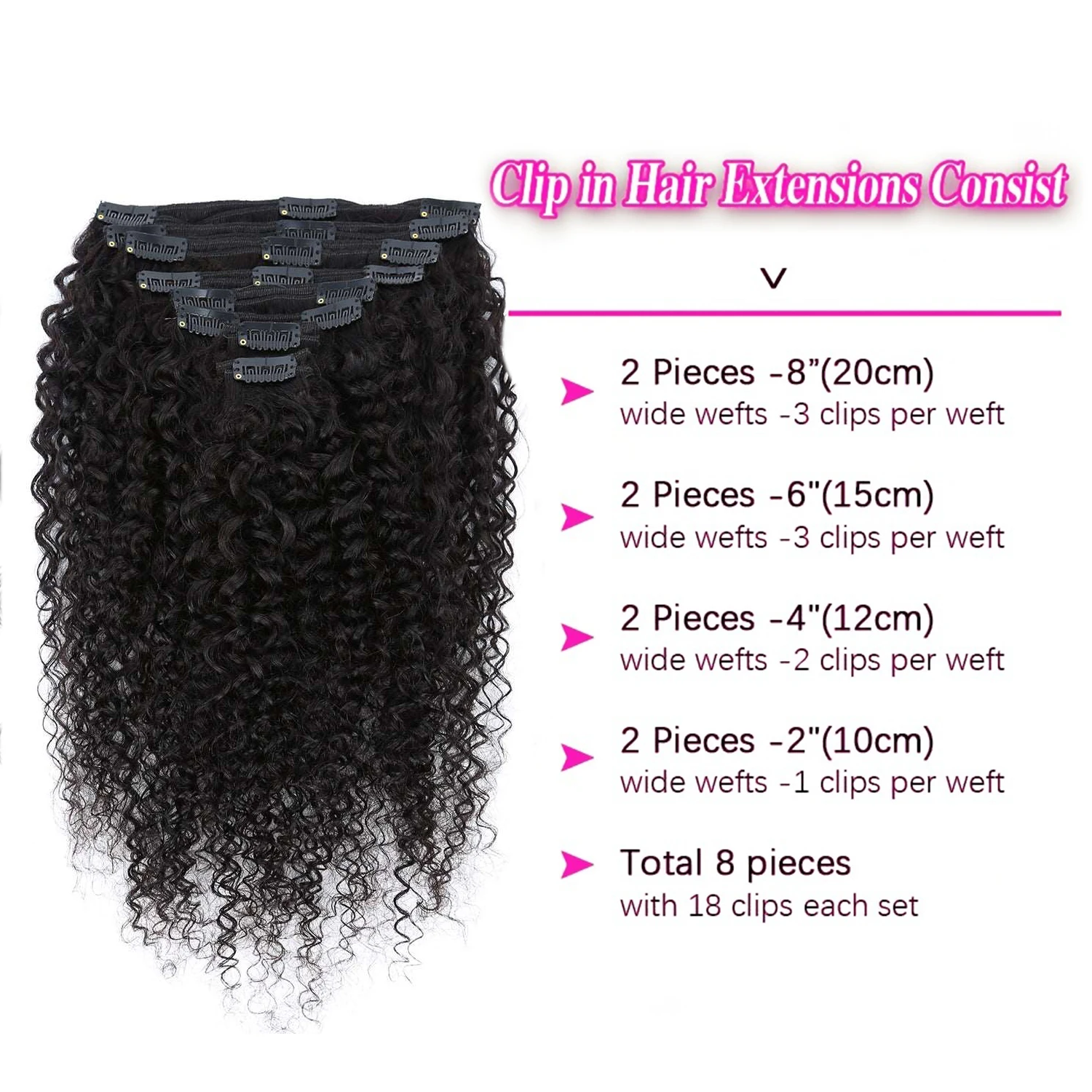 Kinky Curly 8 Pcs Clip In Hair Extensions for Women 100% Human Hair Full Head Hair Extension 10 - 30Inch Double Weft Brazilian