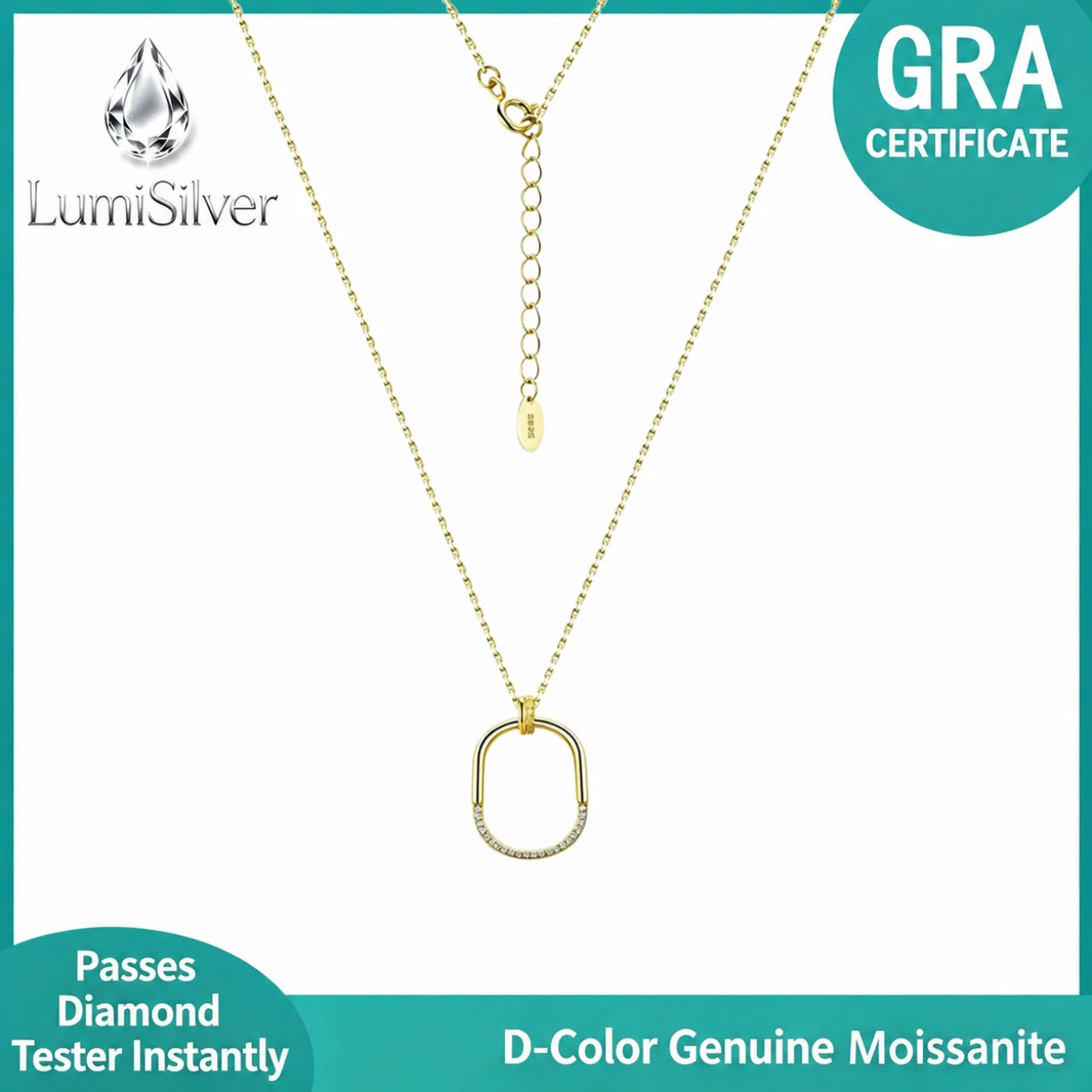 S925 Sterling Silver Moissanite U-Shape Oval Pendant Necklace Dainty Minimalist Geometric Clavicle Chain Women Daily Fine Jewelr