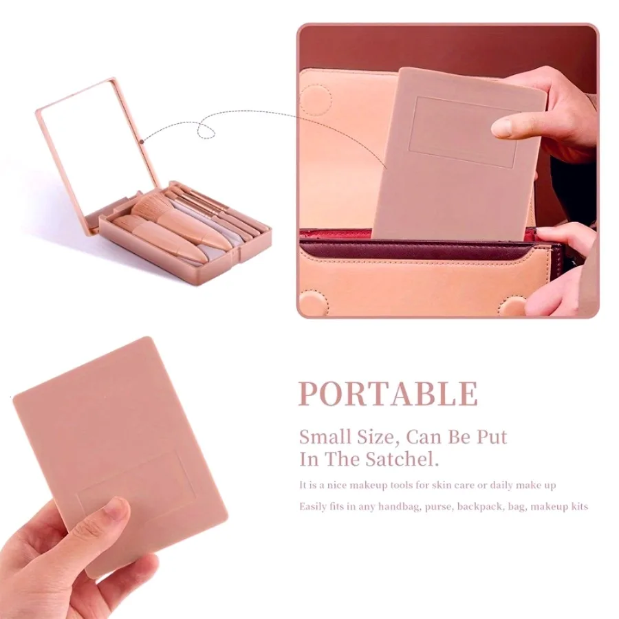 مجموعة واحدة من فرش المكياج الوردية، مع مرآة وصندوق تخزين، مقبض مريح، مناسب للمبتدئين والمحترفين