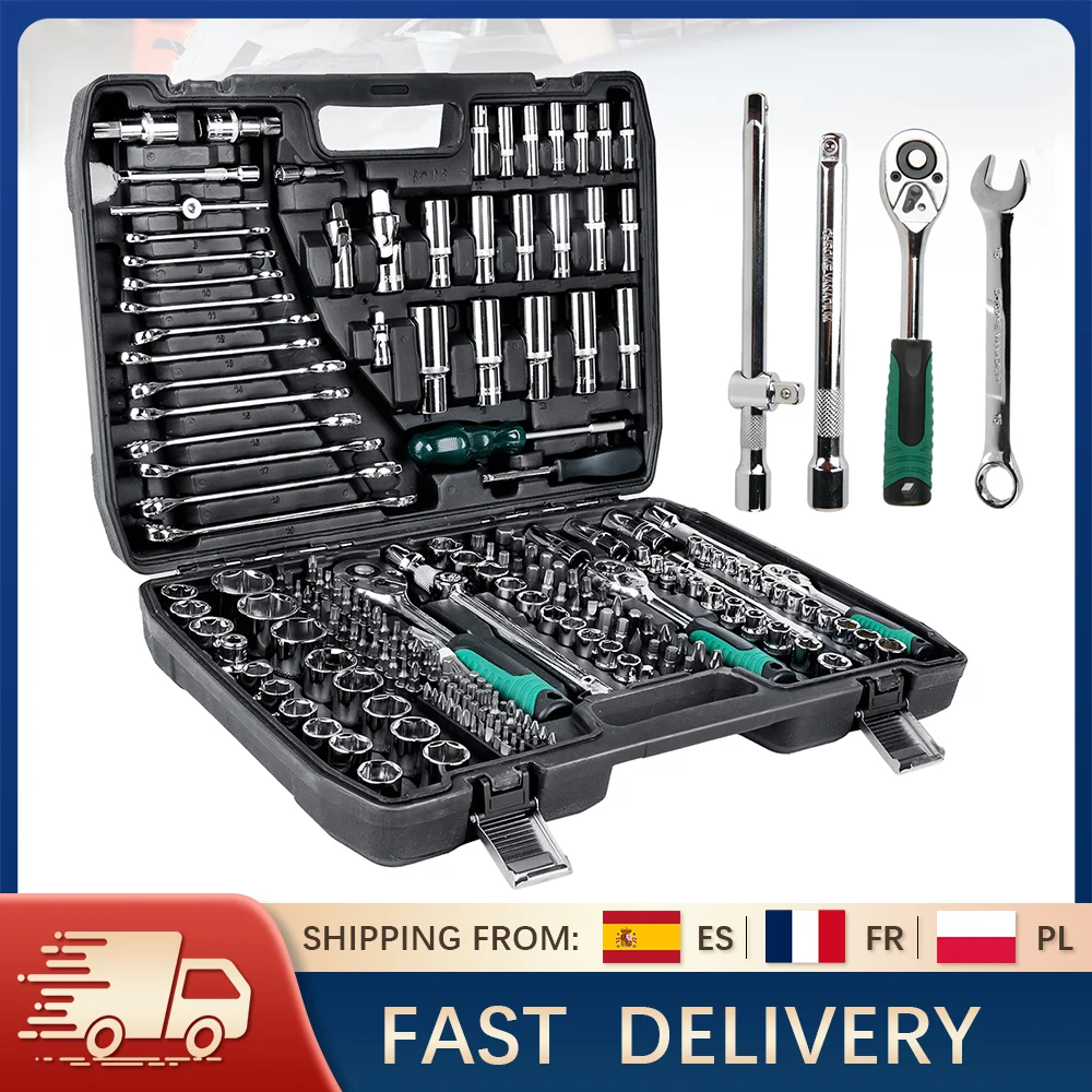 Ensemble d'outils mécaniques 216 pièces, jeux de clés à douille 1/4 "3/8" 1/2 "avec clé à cliquet à 24 dents pour la réparation automobile de camions de motos