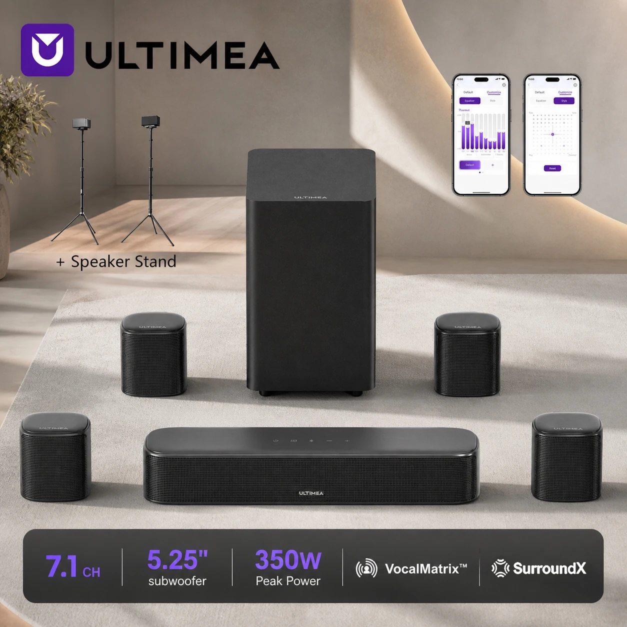 ULTIMEA 350W 7.1-Kanal TV-Soundbar mit 4 Surround-Lautsprechern, Surround-Sound-System mit verbessertem 5,25-Zoll-Subwoofer, Smart-App-Steuerung