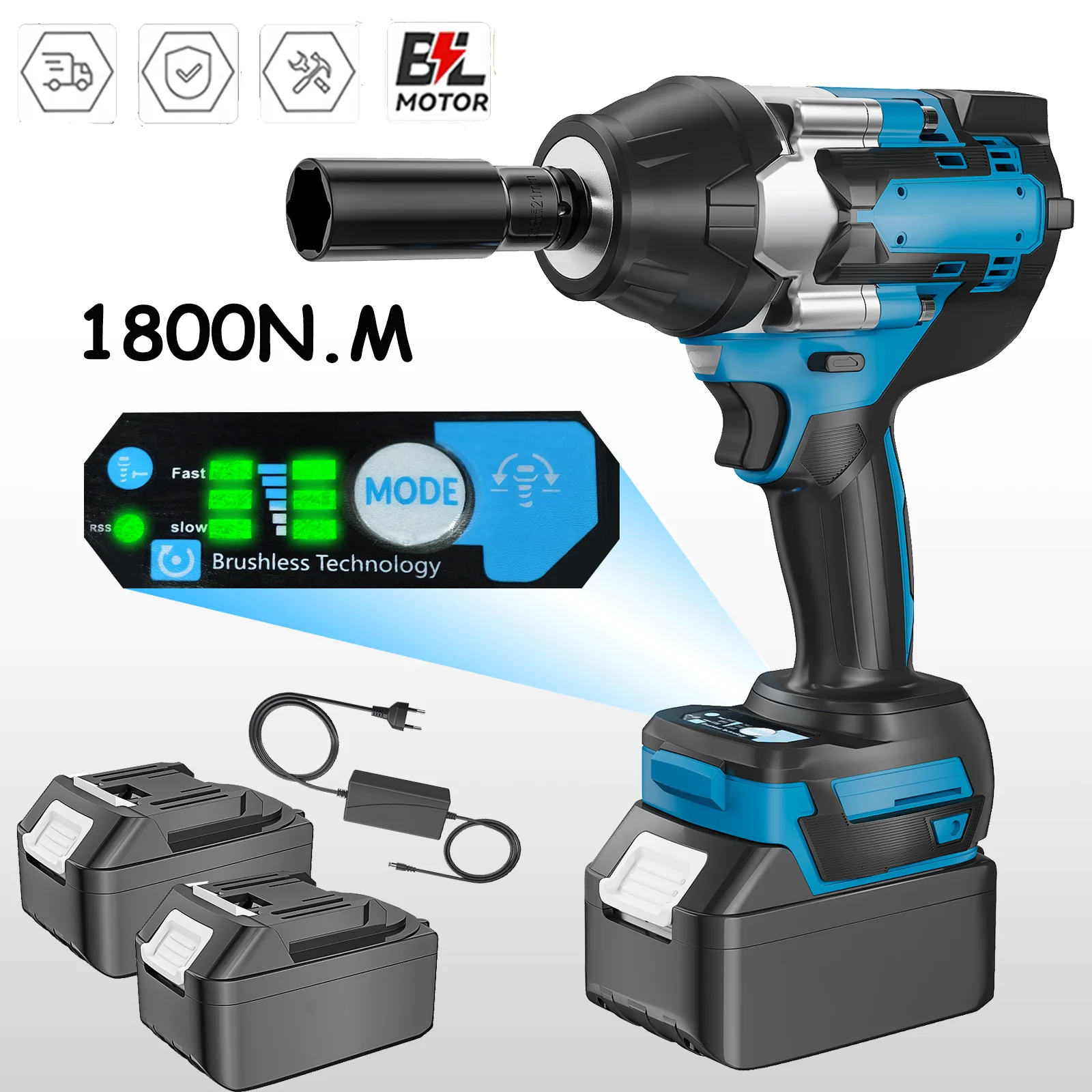 1800N. M Torque Bürstenloser Elektrischer Schlagschrauber 1/2 Zoll Lithium-Ionen-Akku Wiederaufladbarer Schrauber Kompatibel mit Makita 18V Akku
